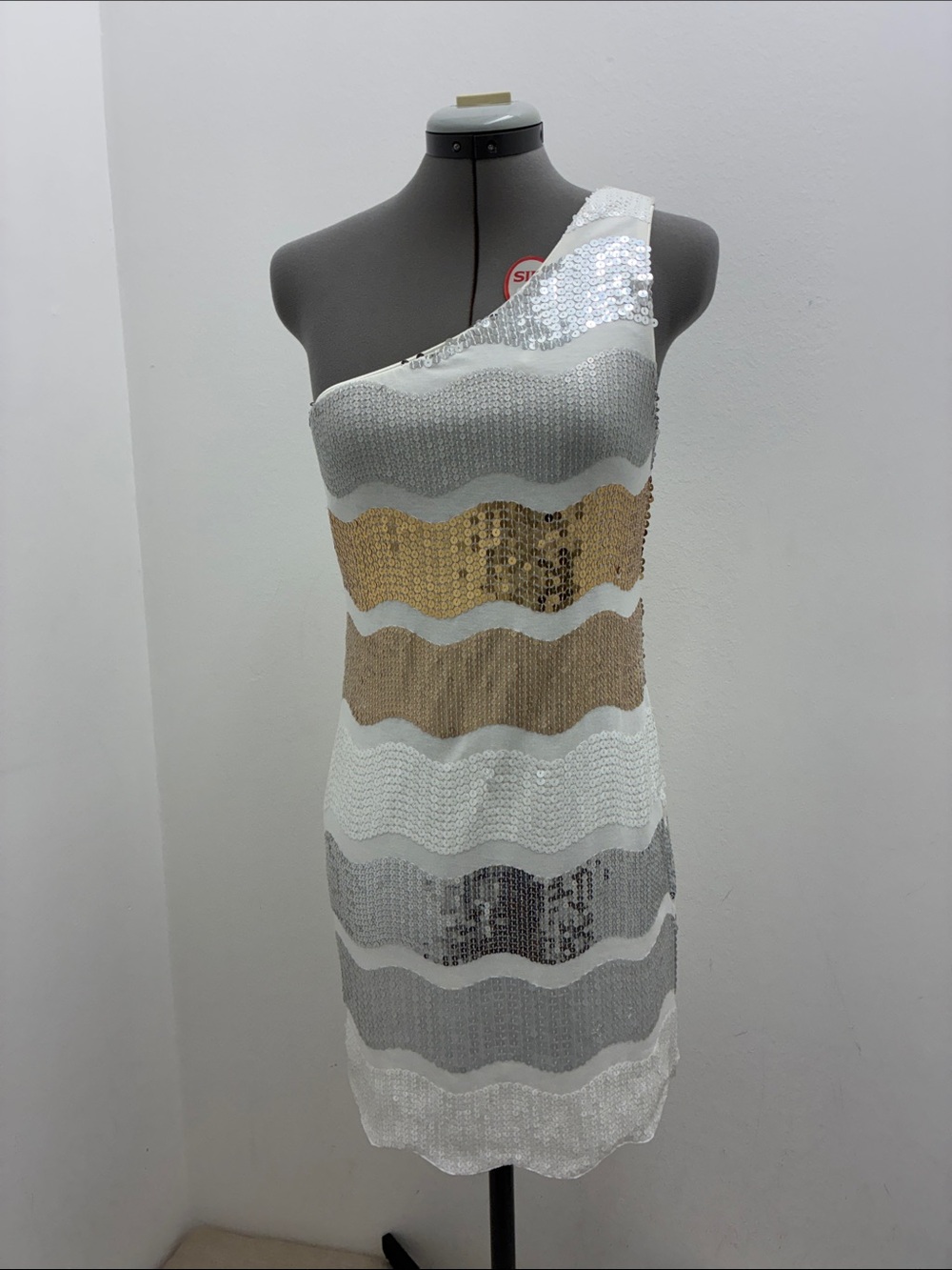 As U Wish One-Shoulder Sequin Stripe Dress in White, Gold & Silver